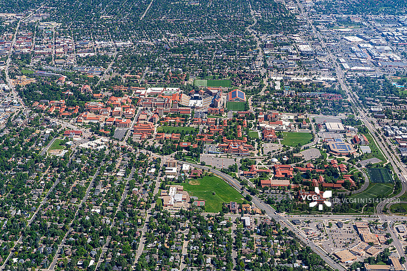 科罗拉多州博尔德市鸟瞰图，晴朗的天空下，向北望去是科罗拉多大学和百老汇街图片素材