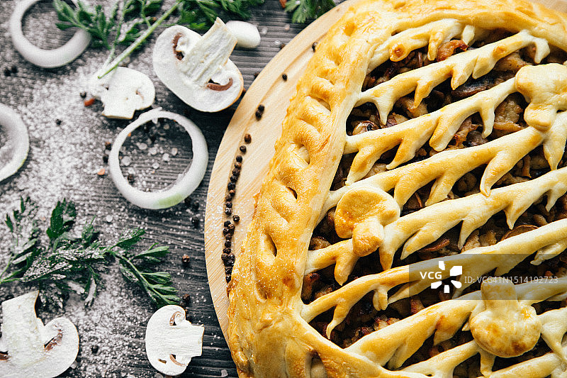 美味洋葱蘑菇馅饼，配蔬菜圈和调味料图片素材