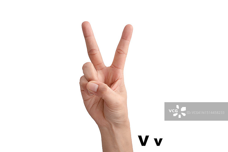 女人展示字母V，美国手语图片素材
