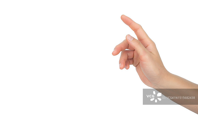 女人试图触摸白色背景隔离物体的局部照片图片素材