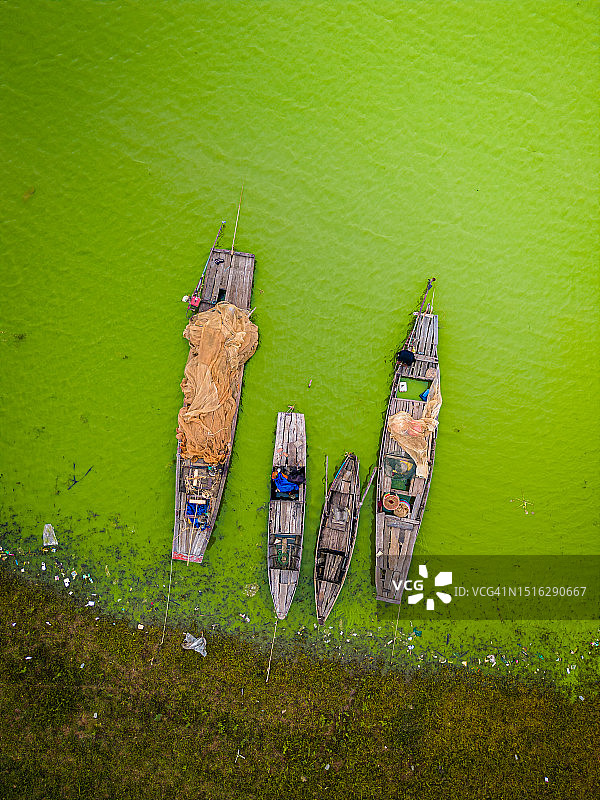 越南Tri An湖Ben Nom渔村鸟瞰，绿藻季的清新景象，传统渔船停泊图片素材