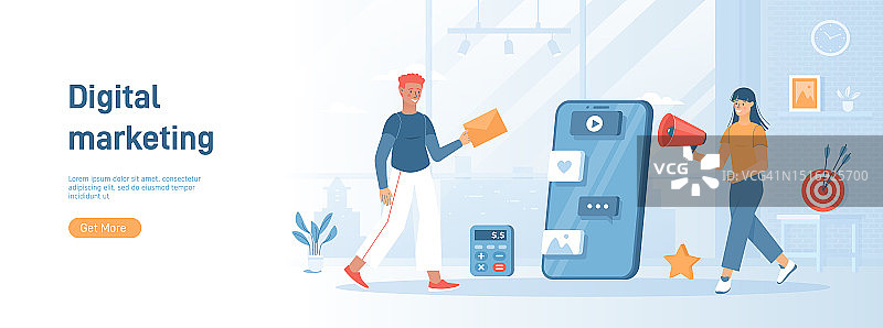 数字营销：管理、分析与发展，营销人员制定内容策略，适用于社交媒体宣传材料的扁平概念，白色背景上的网站banner图片素材
