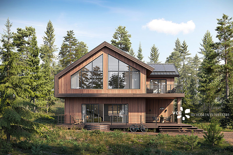 树木环绕的木制森林房屋3D渲染图片素材