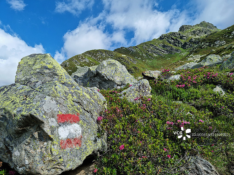 在蒙特斯普卢加湖和斯普吕根山口附近的Alpi di Suretta小路上，岩石上涂有红白色的路标图片素材