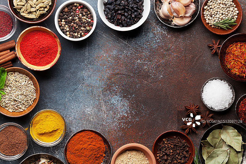 桌子上的各种香料俯视图，美国图片素材