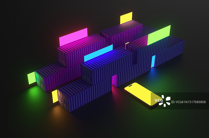 黑色背景上带有彩色霓虹灯标志和智能手机的容器特写图片素材