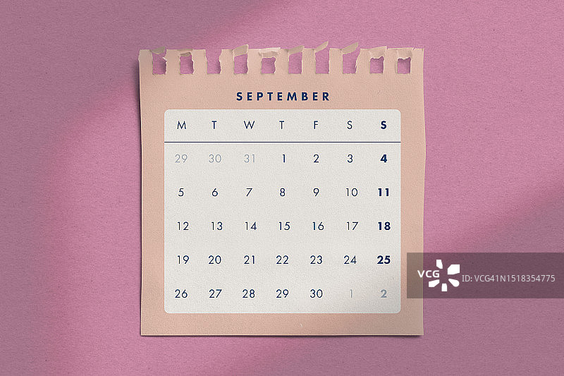俯视视角：九月日历图片素材