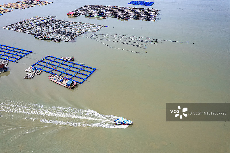 在海洋养殖场的浮板中间行驶的快艇图片素材