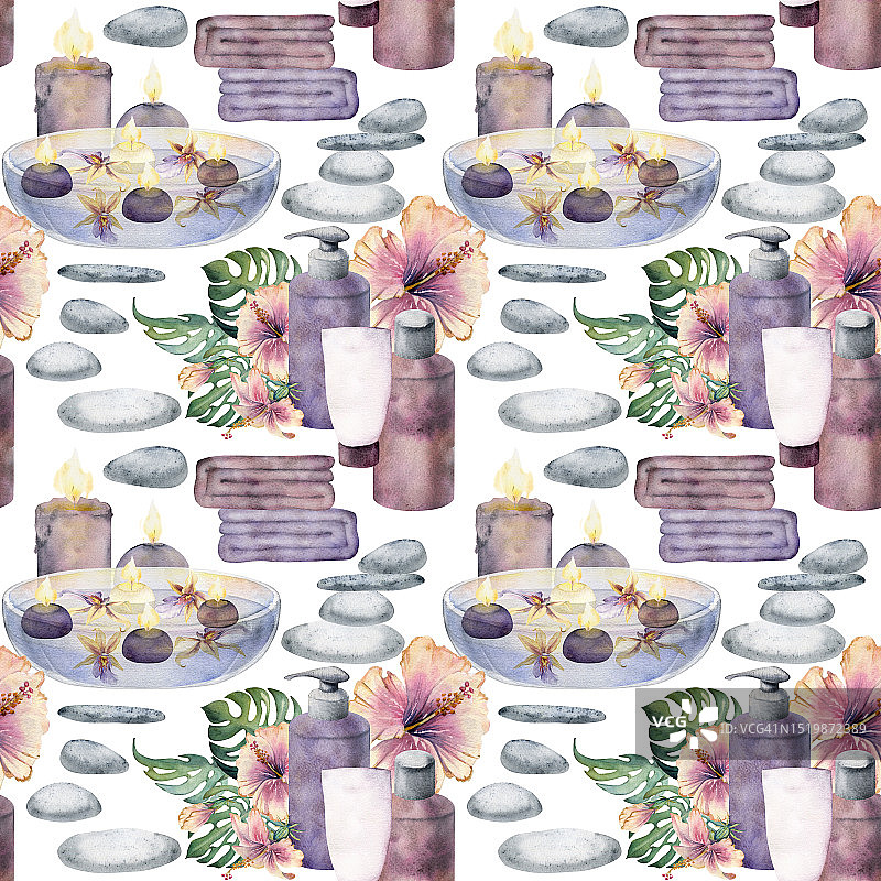 手绘水彩SPA护肤沐浴美容瓶和蜡烛产品包装无缝图案，隔离在白色背景上，适用于墙壁艺术，健康度假村，印刷，面料，封面，卡片，小册子。图片素材
