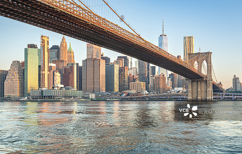 从美国纽约布鲁克林看到的日出、布鲁克林大桥和曼哈顿市中心天际线图片素材