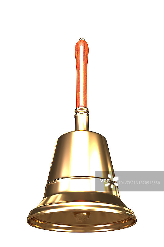 老式手摇铃铛，传统黄铜木柄设计3D渲染图片素材