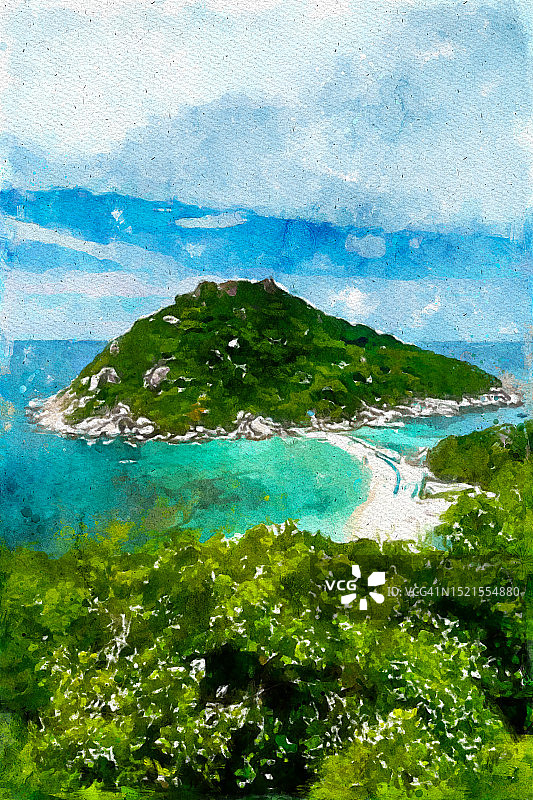 泰国涛岛热带岛屿海滩绘画 - 抽象水彩艺术图片素材
