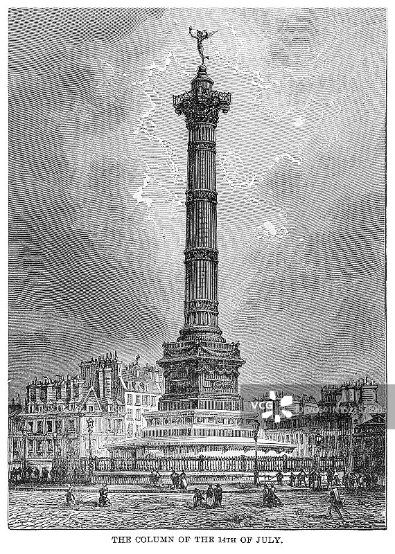 七月柱古版画，巴士底广场上的大型纪念柱，纪念1830年革命图片素材