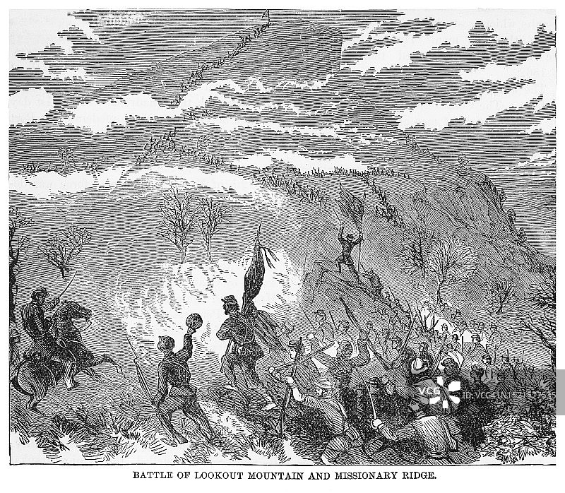 瞭望山战役和传教士岭战役古老雕刻插图，是美国内战查塔努加战役的一部分，于1863年11月25日进行图片素材