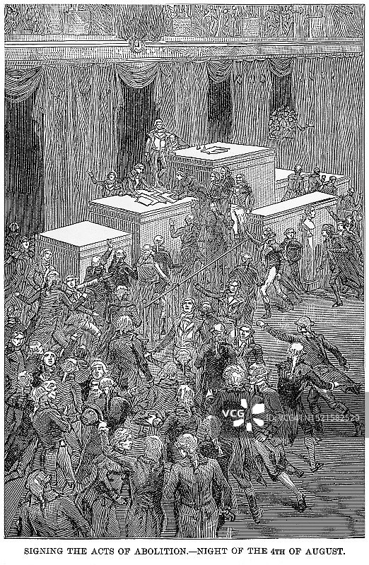 签署废除法案的古老版画插图——1789年8月4日，法国制宪议会一致投票废除封建制度图片素材