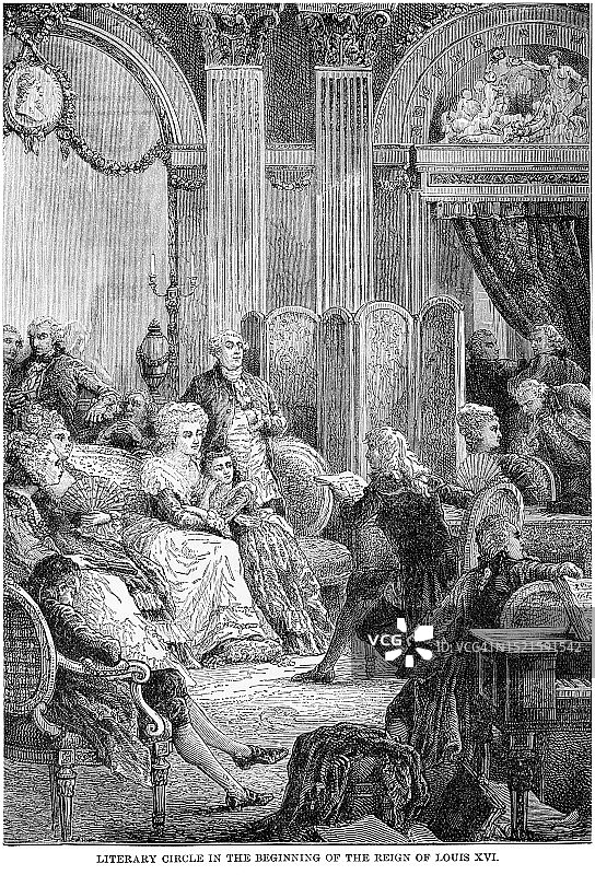 路易十六统治初期文学界的古老雕刻插图图片素材