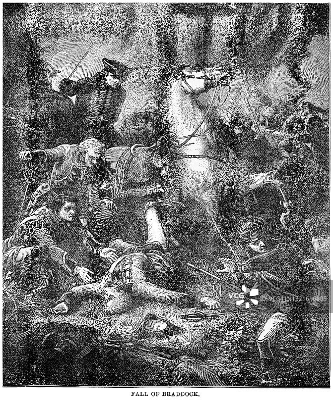 古老的雕刻插图：爱德华·布拉多克少将（1695-1755）的陨落，他是法国和印第安战争开始时英国军官和十三个殖民地的总司令图片素材