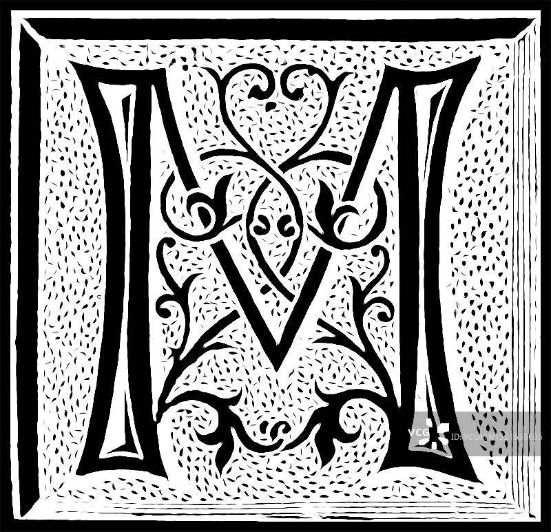 字母M的装饰性古老雕刻插图图片素材