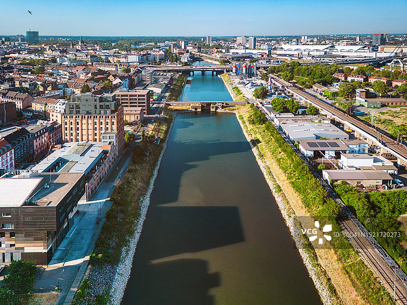 曼海姆荣布施区运河沿岸鸟瞰图图片素材