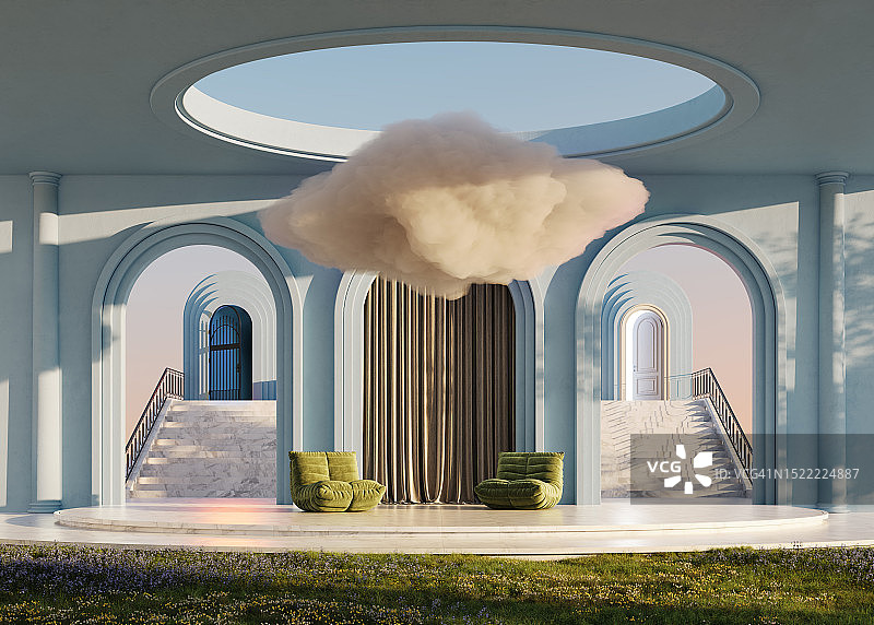 带有绿色沙发和云朵的豪华3D休息室图片素材