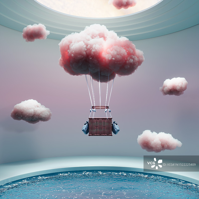 室内游泳池上方的云热气球图片素材
