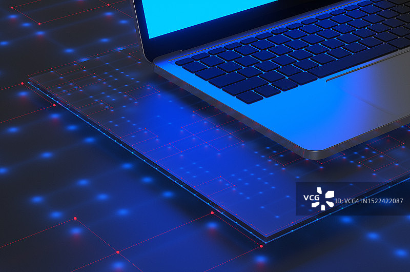 蓝色科技背景上的蓝屏笔记本电脑特写图片素材