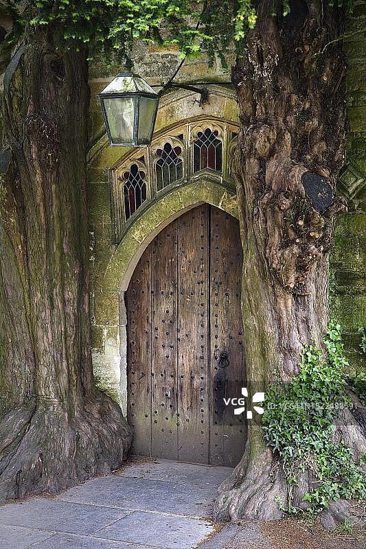 两棵英国红豆杉构成了一扇旧木门的框架,位于英国格洛斯特郡科茨沃尔德斯托昂泽沃尔德圣爱德华教堂的北入口图片素材