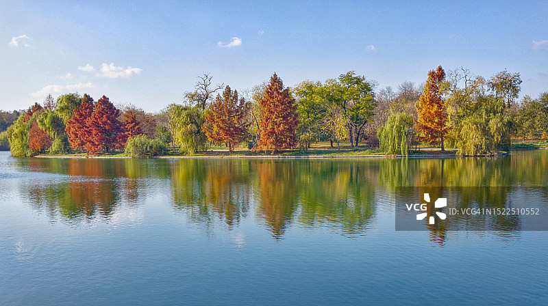树木映衬天空的湖景图片素材