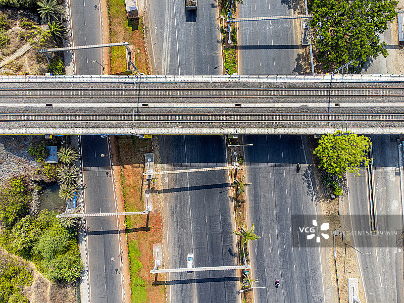 抽象无人机镜头下的孟买新城现代道路上的当地火车轨道图片素材