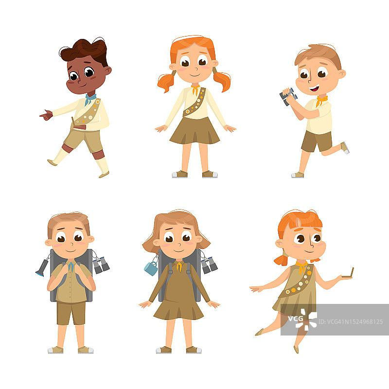 穿着卡其布制服参加冒险的小男孩和小女孩童子军矢量合集图片素材