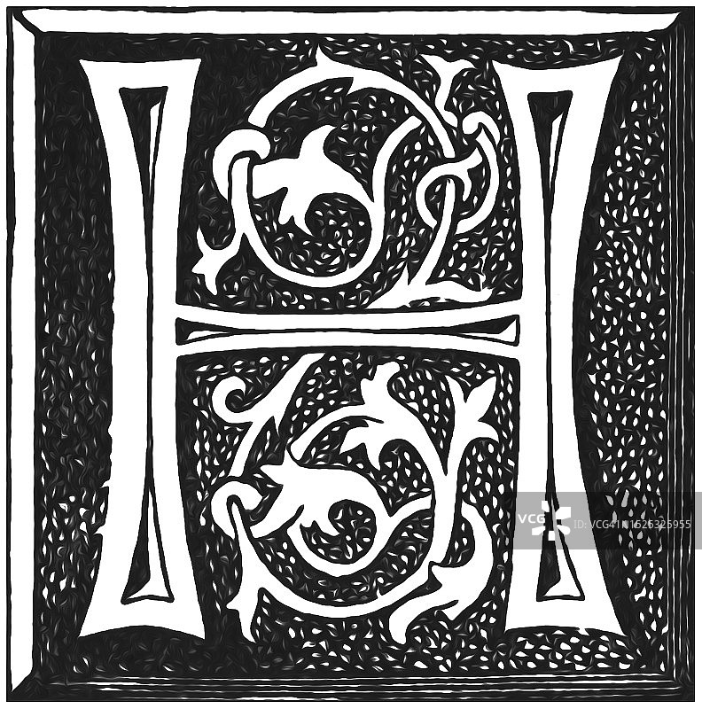 字母H的古老雕刻插图，装饰性装饰图片素材