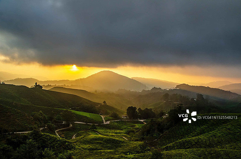 日落时分马来西亚彭亨州金马仑高原的田园风光图片素材