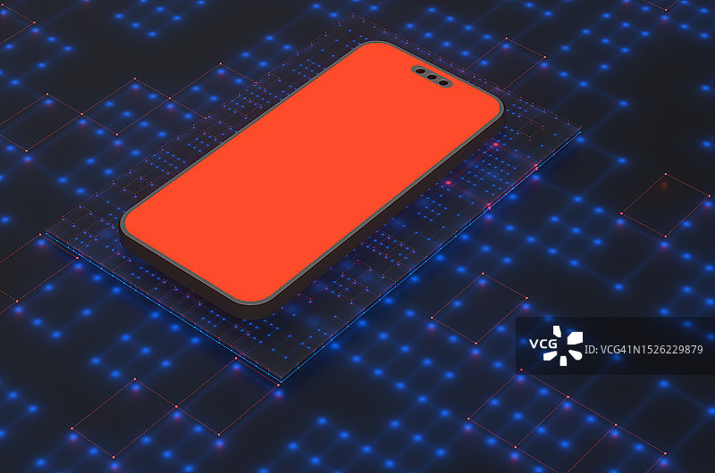 科技感蓝色背景上的橙色屏幕智能手机特写图片素材