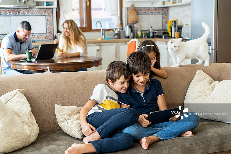 兄弟们看着设备屏幕，后面是姐妹和猫图片素材