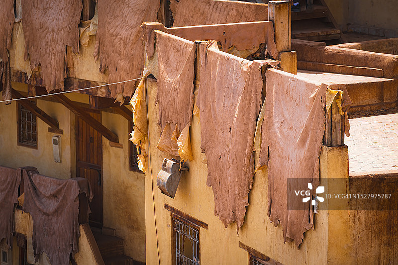 摩洛哥非斯，Chouwara皮革厂晾晒的鞣制动物皮图片素材