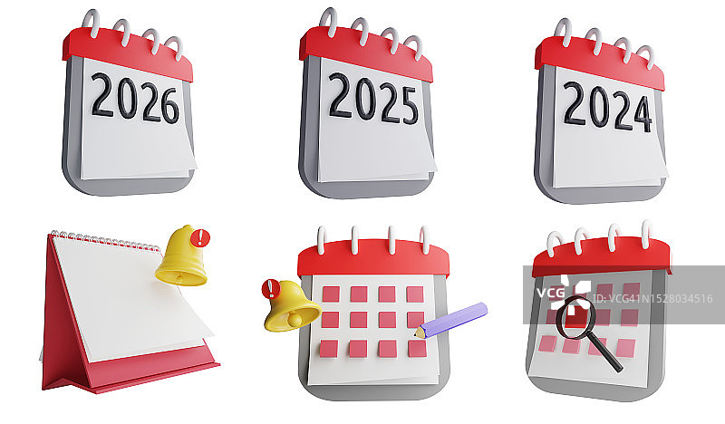 日历剪贴画元素，3D渲染办公设备概念图标集（白色背景上隔离）图片素材