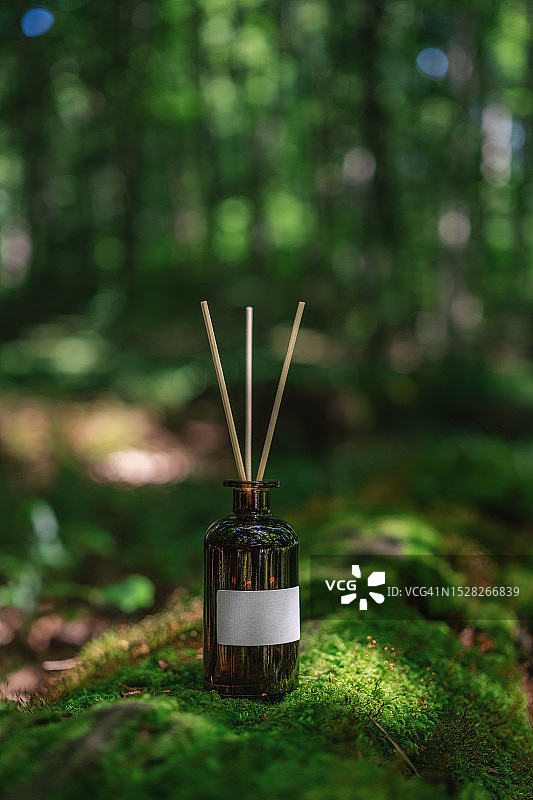 森林香氛的香薰精油瓶，绿色背景家居香氛，配有木棒的空气清新剂图片素材