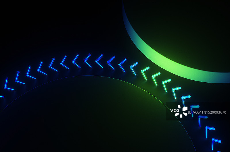黑色背景上圆柱体附近的玻璃管中的霓虹箭头图片素材