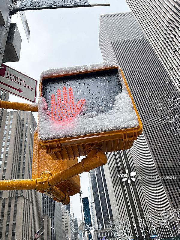 纽约市被雪覆盖的交通灯图片素材