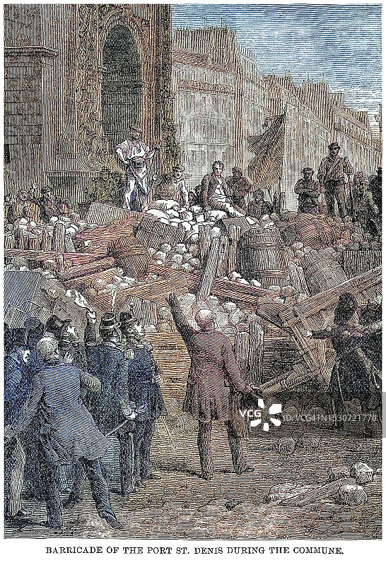 巴黎公社时期圣丹尼斯门路障老旧雕刻插图图片素材