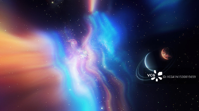 在极光中飞向外太空，背景是行星和恒星图片素材