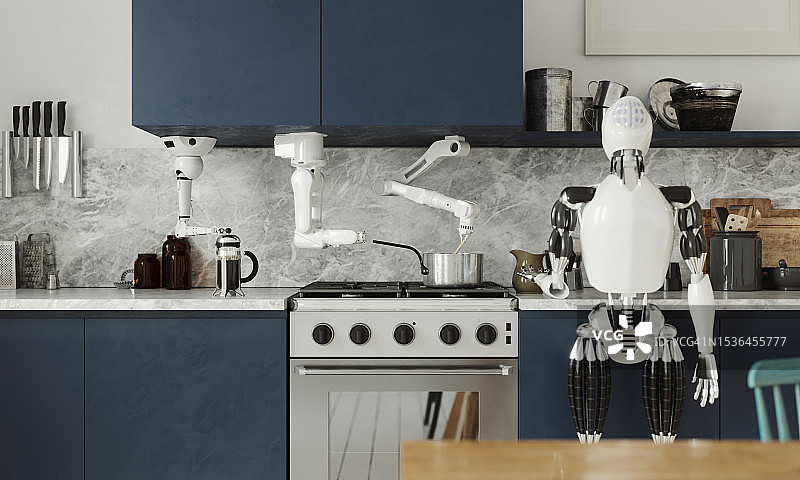 在厨房工作的家用机器人和机械臂图片素材