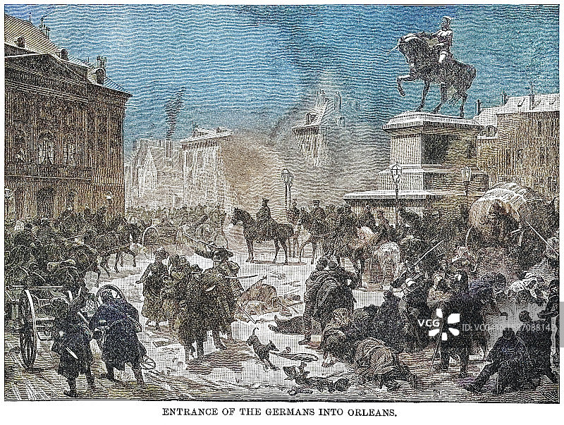 老式雕刻插图：德军进入奥尔良 - 普法战争期间在法国领土上的战斗图片素材