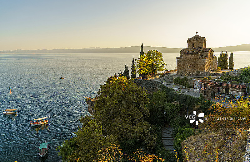 奥赫里德卡内奥的圣约翰教堂日落景色，马其顿，南欧图片素材