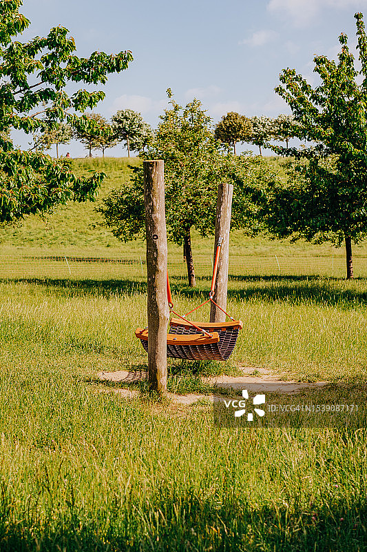 悬挂在两棵树之间的空吊床图片素材