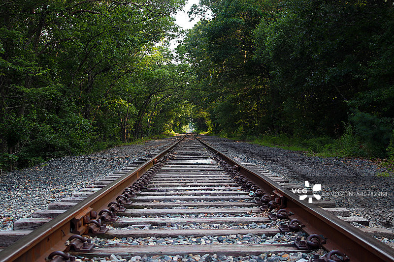 美国罗德岛州波塔基特市树林中的空旷铁路图片素材