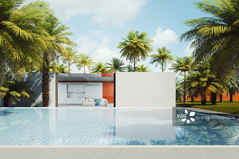 带游泳池的现代混凝土别墅图片素材