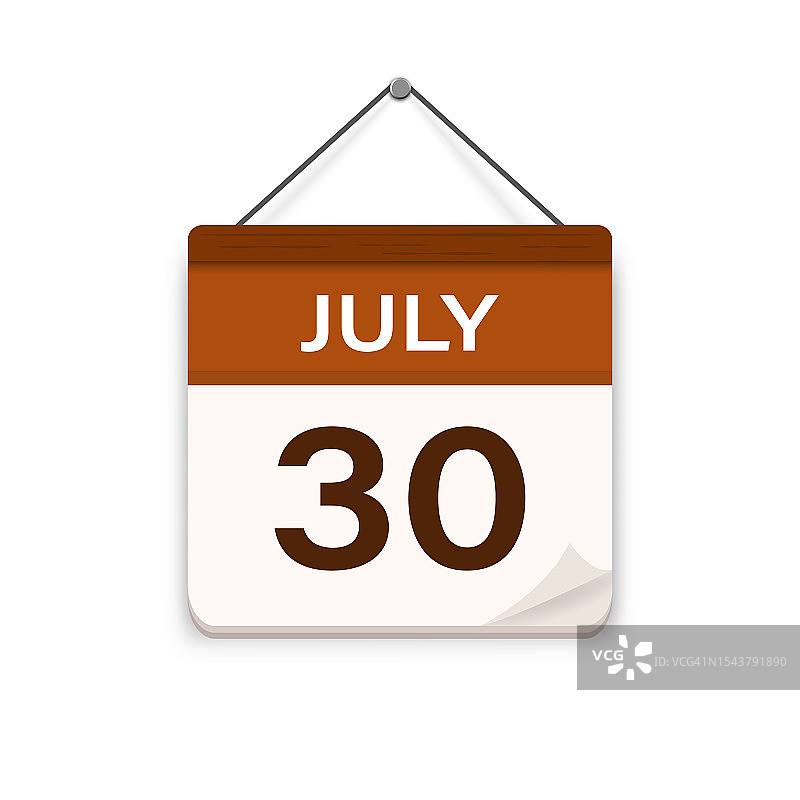 7月30日日历图标，带阴影。日期、月份、会议预约时间、活动日程日期。扁平矢量图。图片素材