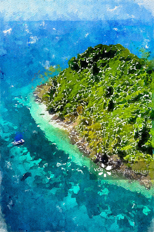 宁静海景的彩色抽象水彩画（娘乌比岛与白色沙滩）图片素材