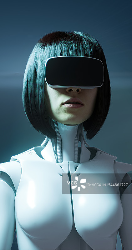 戴VR眼镜的黑发赛博格女孩静止不动图片素材